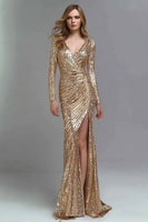 Load image into Gallery viewer, Sparkly Gold Sequins Mermaid Ruched Long Sleeves Formal Dress with Slit
