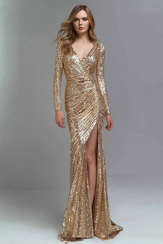 Sparkly Gold Sequins Mermaid Ruched Long Sleeves Formal Dress with Slit