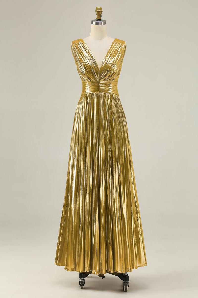 Load image into Gallery viewer, Sparkly Gold A-Line Metallic V-Neck Pleated Long Formal Dress