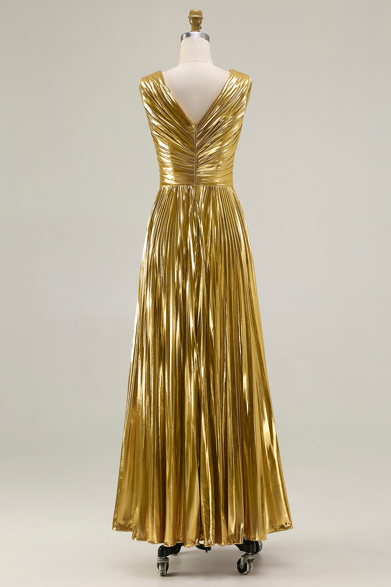 Load image into Gallery viewer, Sparkly Gold Pleated Metallic V-Neck A-Line Long Formal Dress