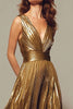 Load image into Gallery viewer, Sparkly Gold A-Line Metallic Pleated V-Neck Long Formal Dress