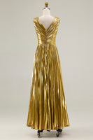 Load image into Gallery viewer, Sparkly Gold A-Line Metallic V-Neck Pleated Long Formal Dress