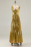 Load image into Gallery viewer, Sparkly Gold Pleated Metallic V-Neck A-Line Long Formal Dress