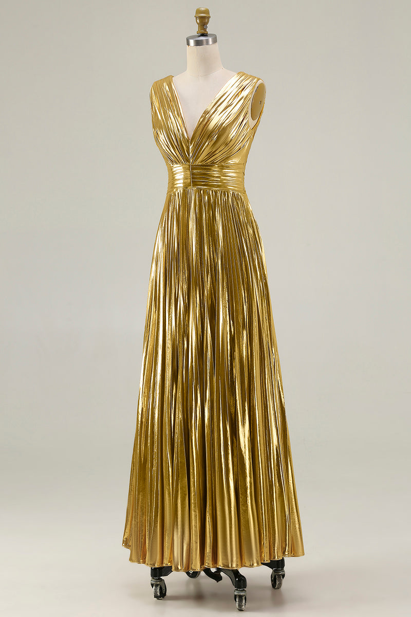 Load image into Gallery viewer, Sparkly Gold Pleated Metallic V-Neck A-Line Long Formal Dress