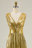 Load image into Gallery viewer, Sparkly Gold Pleated Metallic V-Neck A-Line Long Formal Dress