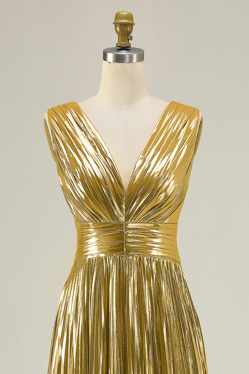Load image into Gallery viewer, Sparkly Gold Pleated Metallic V-Neck A-Line Long Formal Dress
