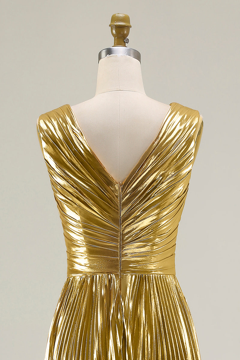 Load image into Gallery viewer, Sparkly Gold Pleated Metallic V-Neck A-Line Long Formal Dress