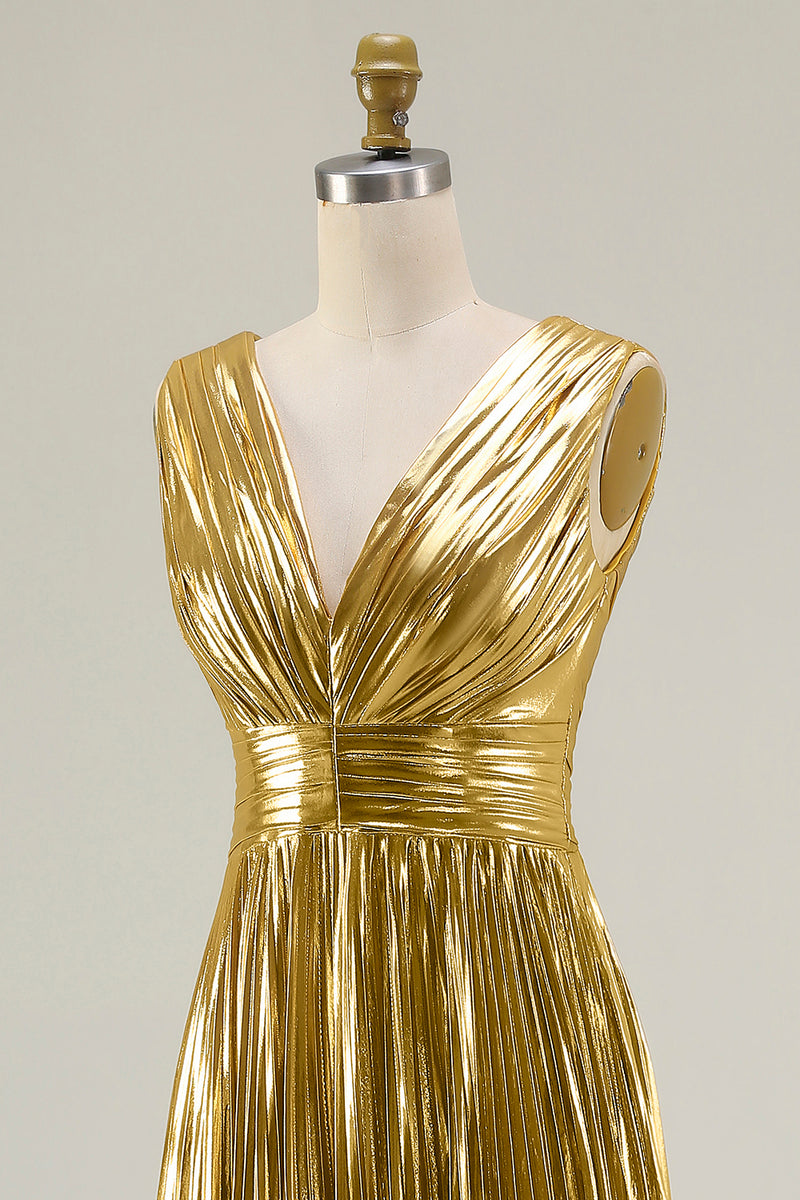 Load image into Gallery viewer, Sparkly Gold Pleated Metallic V-Neck A-Line Long Formal Dress