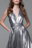 Load image into Gallery viewer, Sparkly Silver A-Line Metallic V-Neck Long Formal Dress