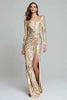 Load image into Gallery viewer, Sparkly Light Gold Sequins V-Neck Long Sleeves Formal Dress with Slit