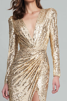 Sparkly Light Gold Sequins V-Neck Long Sleeves Formal Dress with Slit