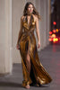 Load image into Gallery viewer, Queendancer Women Sparkly Black Gold Metallic Long Formal Dress with Slit Halter Sheath Ruched Holiday Party Dress