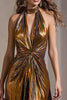 Load image into Gallery viewer, Sparkly Black Gold Halter Metallic Sheath Long Formal Dress with Slit