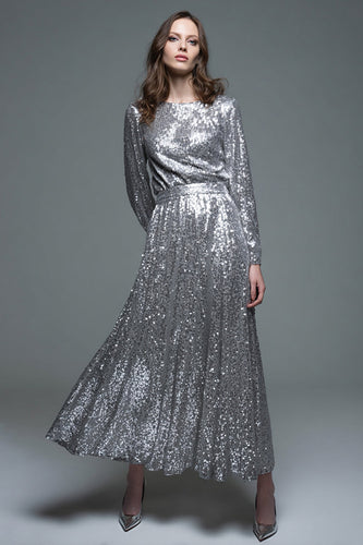 Sparkly Silver A Line Sequins Long Sleeves Formal Dress