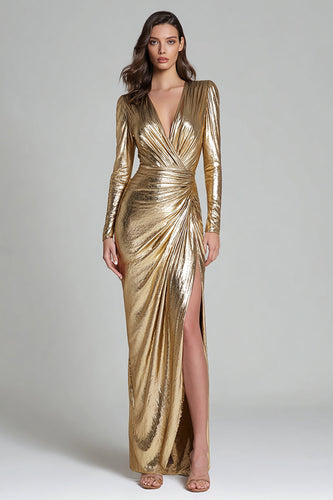 Sparkly Gold Sheath Metallic V-Neck Long Sleeves Formal Dress with Slit