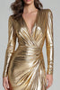 Load image into Gallery viewer, Sparkly Gold Sheath Metallic V-Neck Long Sleeves Formal Dress with Slit