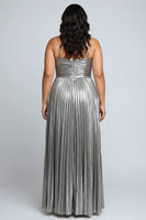 Load image into Gallery viewer, Silver Metallic A Line Pleated Spaghetti Straps Long Formal Dress with Slit