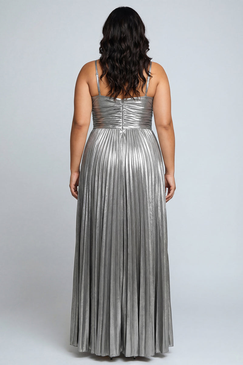 Load image into Gallery viewer, Silver Metallic A Line Pleated Spaghetti Straps Long Formal Dress with Slit