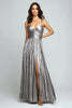 Load image into Gallery viewer, Silver Metallic A Line Pleated Spaghetti Straps Long Formal Dress with Slit