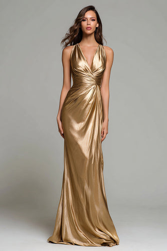 Sparkly Gold Metallic Mermaid Ruched V-Neck Long Formal Dress