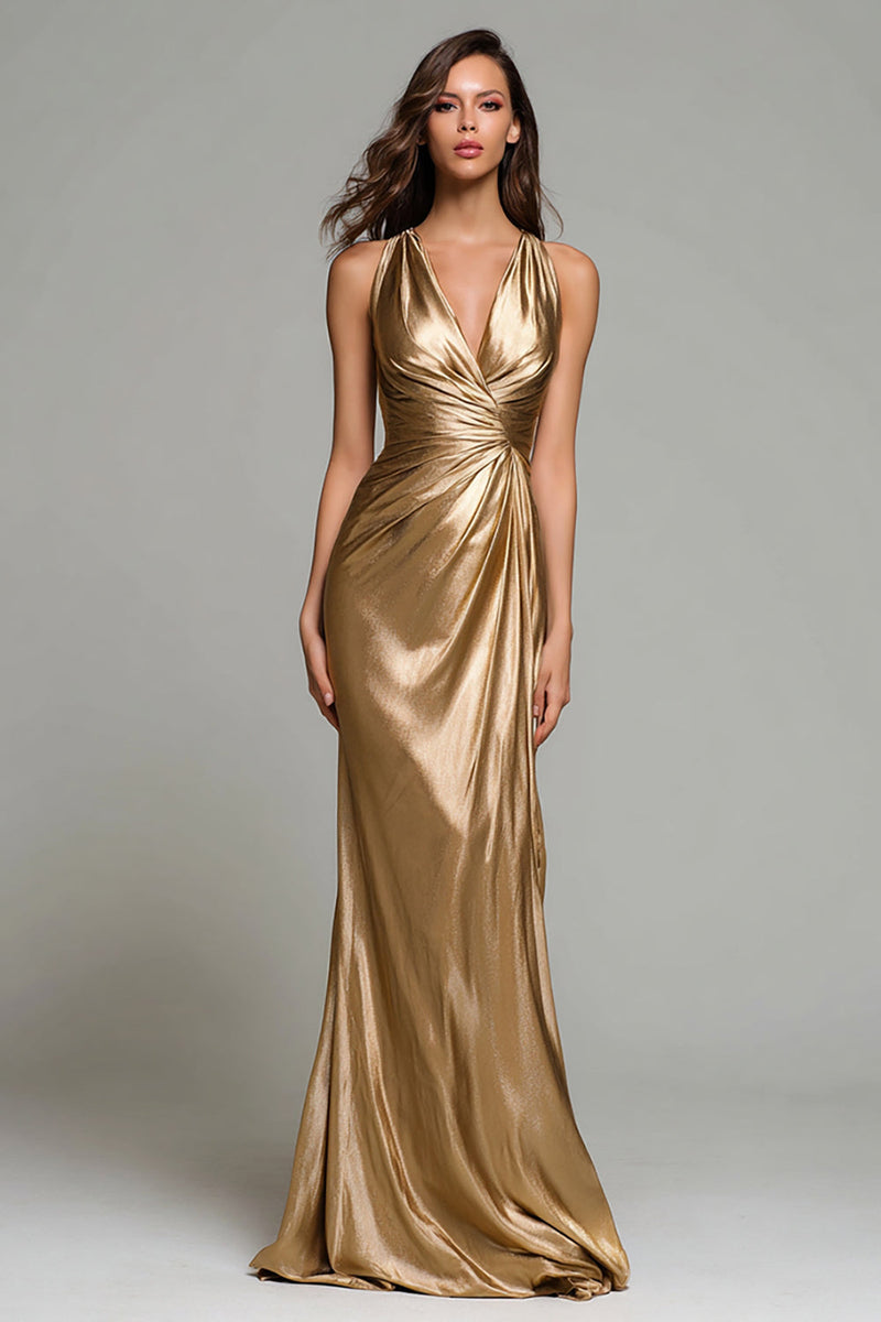 Load image into Gallery viewer, Sparkly Gold Metallic Mermaid Ruched V-Neck Long Formal Dress