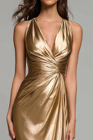 Load image into Gallery viewer, Sparkly Gold Metallic V-Neck Mermaid Ruched Long Formal Dress
