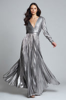 Load image into Gallery viewer, Sparkly Silver Metallic Pleated A-Line Long Sleeves Formal Dress