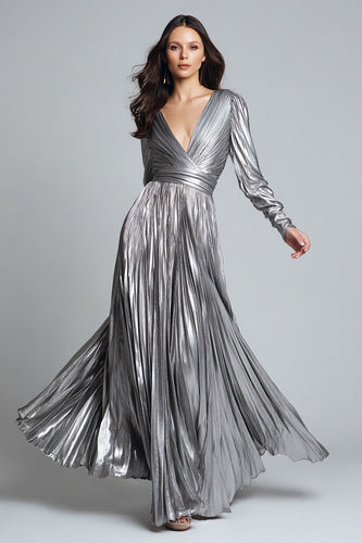 Sparkly Silver Metallic Pleated A-Line Long Sleeves Formal Dress