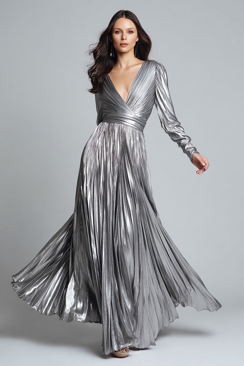Sparkly Silver Metallic Pleated A-Line Long Sleeves Formal Dress