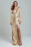 Load image into Gallery viewer, Sparkly Gold V-Neck Sequins Sheath Long Formal Dress with Slit