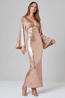 Load image into Gallery viewer, Sparkly Rose Gold Sequins Mermaid V-Neck Flutter Sleeves Long Formal Dress