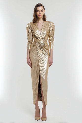 Light Gold Metallic Sheath V-Neck Ruched Long Sleeves Formal Dress