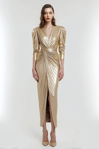 Light Gold Metallic Sheath V-Neck Ruched Long Sleeves Formal Dress