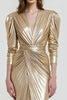 Load image into Gallery viewer, Light Gold Metallic Sheath V-Neck Ruched Long Sleeves Formal Dress