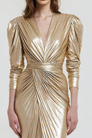 Load image into Gallery viewer, Light Gold Metallic Sheath V-Neck Ruched Long Sleeves Formal Dress