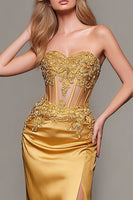 Load image into Gallery viewer, Gold Satin Mermaid Sweetheart Long Corset Formal Dress with Appliques