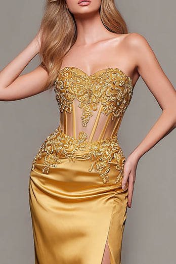Gold Satin Mermaid Sweetheart Long Corset Formal Dress with Appliques