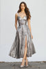 Load image into Gallery viewer, Queendancer Women Sparkly Silver Metallic Long Formal Dress with Slit A-Line Pleated Spaghetti Straps Ankle-Length Holiday Party Dress