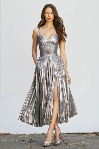 Queendancer Women Sparkly Silver Metallic Long Formal Dress with Slit A-Line Pleated Spaghetti Straps Ankle-Length Holiday Party Dress
