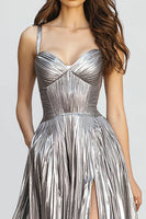 Load image into Gallery viewer, Sparkly Silver A-Line Metallic Pleated Long Formal Dress with Slit