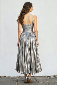 Sparkly Silver A-Line Metallic Pleated Long Formal Dress with Slit