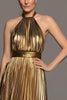 Load image into Gallery viewer, Sparkly Gold A-Line Metallic Pleated Halter Midi Formal Dress