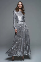 Load image into Gallery viewer, Sparkly Silver A-Line Sequins Pleated Long Sleeves Formal Dress