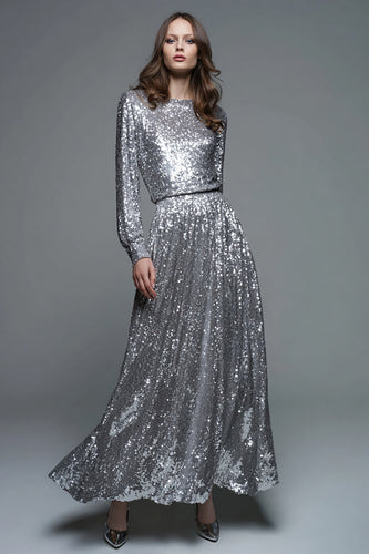 Sparkly Silver A-Line Sequins Pleated Long Sleeves Formal Dress
