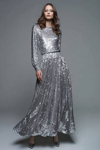 Sparkly Silver A-Line Sequins Pleated Long Sleeves Formal Dress