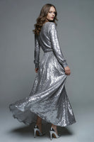 Load image into Gallery viewer, Sparkly Silver A-Line Sequins Pleated Long Sleeves Formal Dress