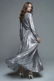 Sparkly Silver A-Line Sequins Pleated Long Sleeves Formal Dress