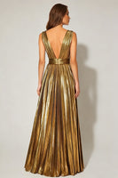 Load image into Gallery viewer, Sparkly Metallic Gold A-Line Pleated V-Neck Long Formal Dress