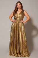 Load image into Gallery viewer, Sparkly Metallic Gold A-Line Pleated V-Neck Long Formal Dress