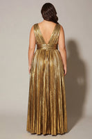 Load image into Gallery viewer, Sparkly Metallic Gold A-Line Pleated V-Neck Long Formal Dress